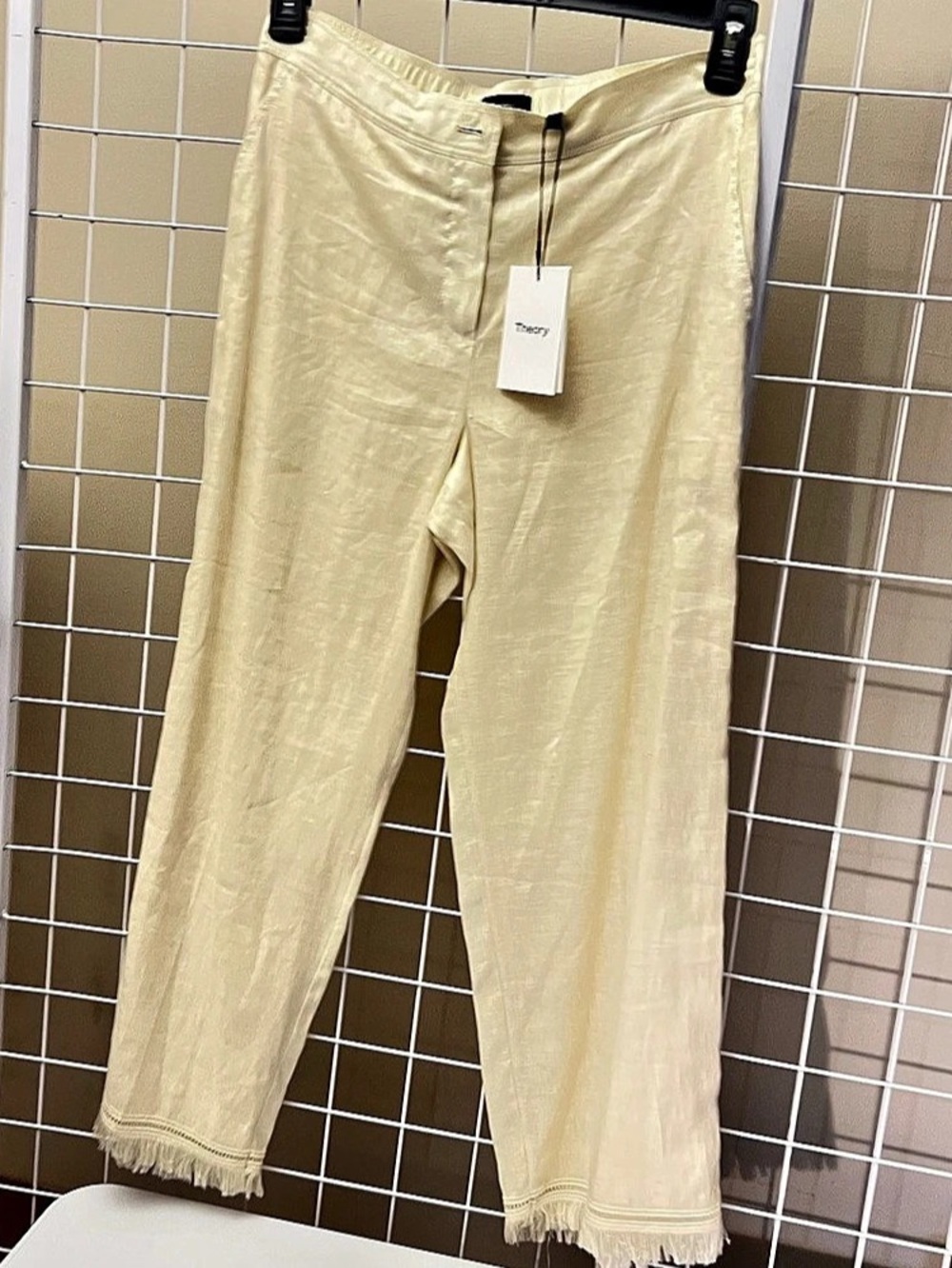 Theory Linen Fringe Hem Pants Cropped Cream Small